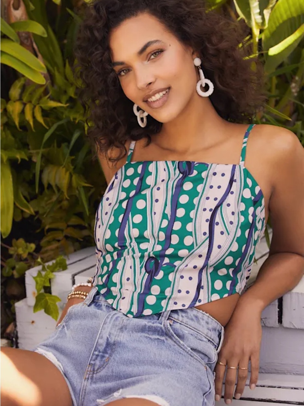 Lulu's Green & White Patterned Spaghetti-Strap Crop Top